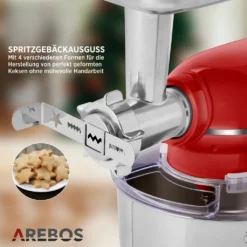 AREBOS 6-in-1 Küchenmaschine 1500W, Fleischwolf, Blender, Nudelmaschine, Knetmaschine Mit Edelstahl-Schüssel 5,5 L, Rot -Küchen Profi 05786d548266eb27b8257338fdd1f1ee