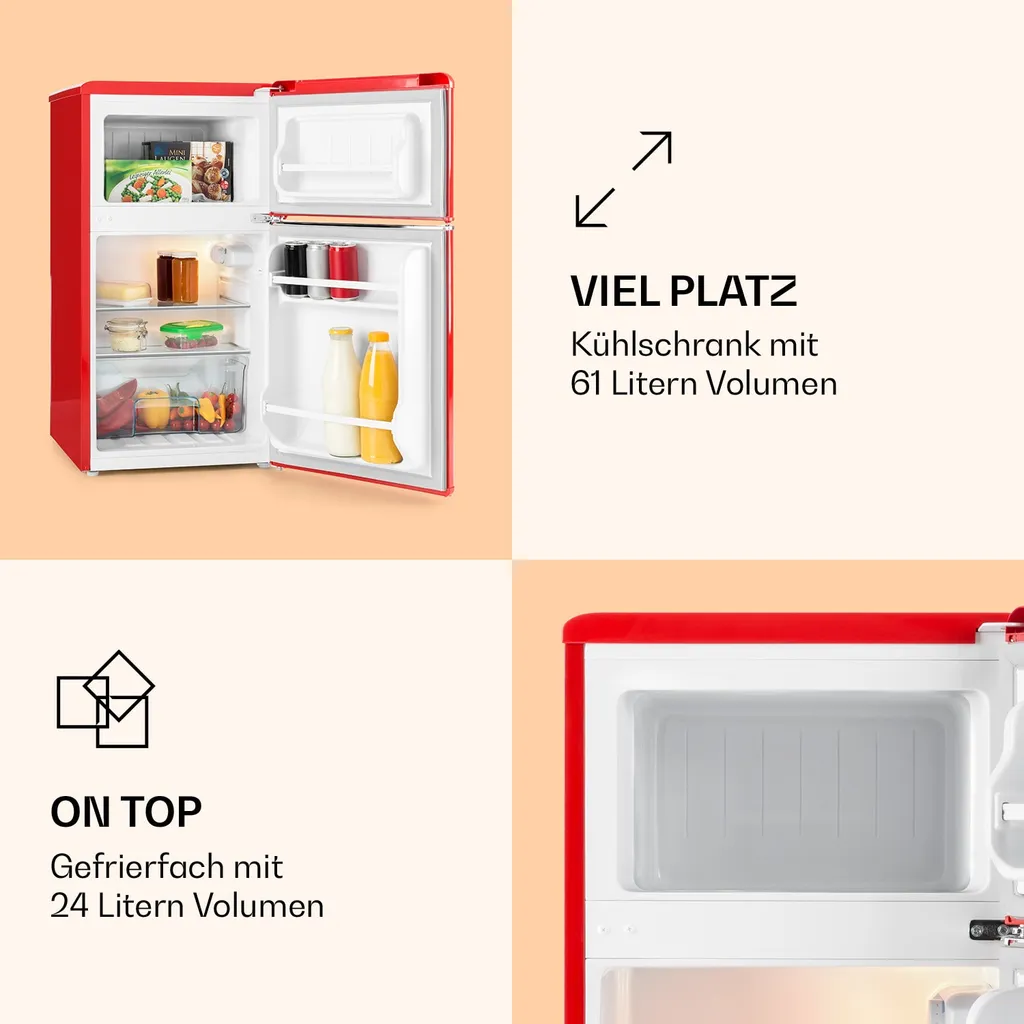 Klarstein Monroe Kühl- Und Gefrierkombination Retro Mini-Kühlschrank (61 Liter Volumen, 24 Liter Gefrierfach, 2 Glas-Ablagen, Gemüsefach, 2 Türablagen, 40 DB Leise) Rot 5 Klarstein Monroe Kühl- Und Gefrierkombination Retro Mini-Kühlschrank (61 Liter Volumen, 24 Liter Gefrierfach, 2 Glas-Ablagen, Gemüsefach, 2 Türablagen, 40 DB Leise) Rot – Bild 3