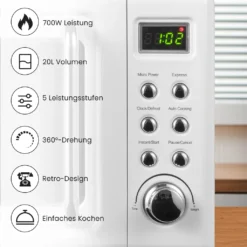 COSTWAY Mikrowelle 20L, 700 W Mikrowellenofen, Mit 8 Automatischen Programme, 5 Leistungsstufen, LED-Anzeige, Verzögerter Start, Retro, Weiß -Küchen Profi 0910e512904d745553464c0dc46502d6