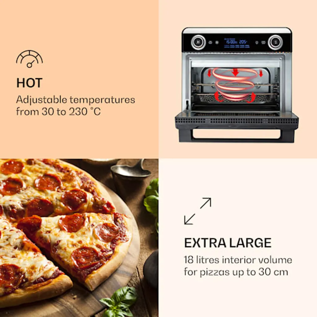 Klarstein AeroVital Jumbo 3in1 Heißluftfritteuse - 18L Heissluftfriteuse / Toaster / Dörrautomat , Airfryer Mit Touchscreen, 10 Programme, 30 Bis 230 °C, Edelstahl,inkl. 6-teiliges Zubehör 4 Klarstein AeroVital Jumbo 3in1 Heißluftfritteuse - 18L Heissluftfriteuse / Toaster / Dörrautomat , Airfryer Mit Touchscreen, 10 Programme, 30 Bis 230 °C, Edelstahl,inkl. 6-teiliges Zubehör – Bild 3