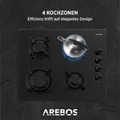 AREBOS Gaskochfeld 4 Flammen, Glaskeramik, Inkl. Topfträger & Zündsicherung, Autark, Geeignet Für Erdgas Oder Propangas, Gasherd -Küchen Profi 0b7617b68509dced0c5edebeaaf9c7b6