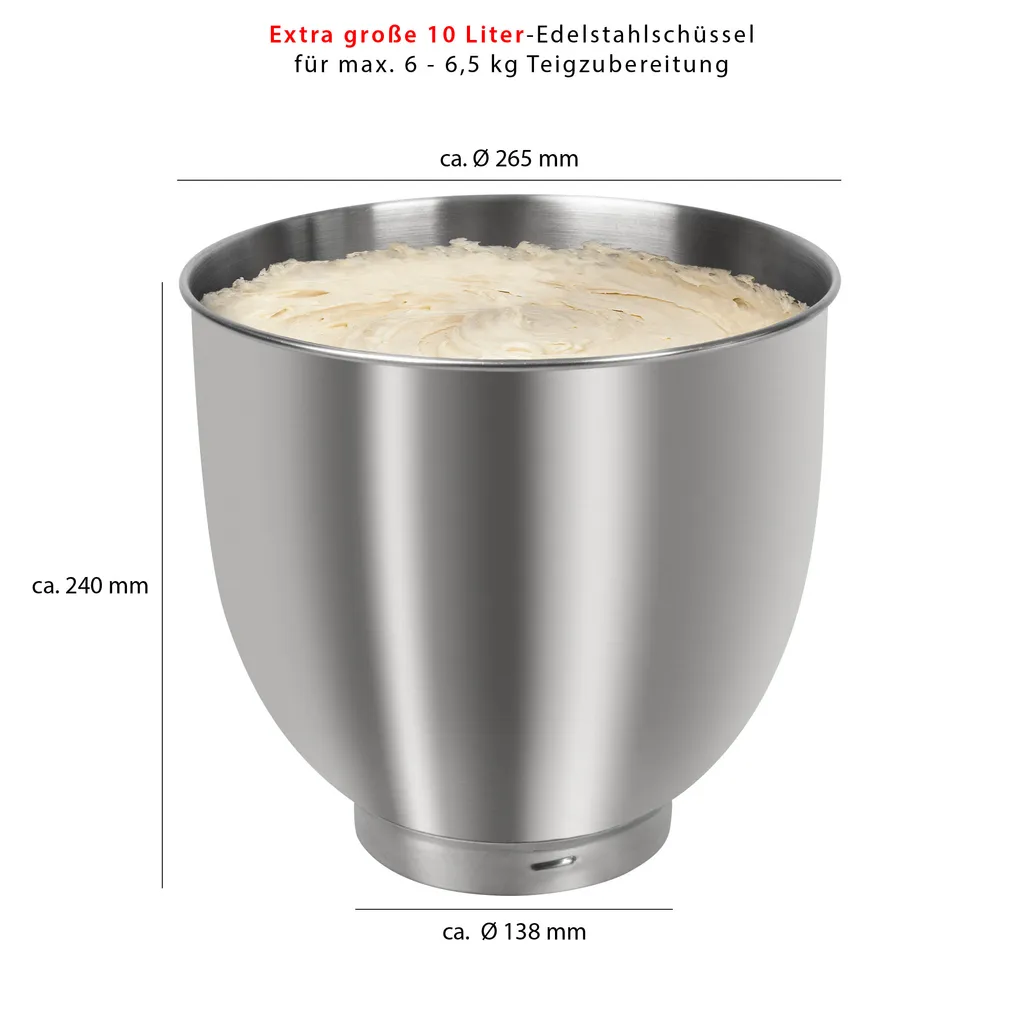 Clatronic KM 3765 Knetmaschine, 1500W, 8 Geschwindigkeitsstufen, 10 Liter- Edelstahlschüssel Für Max. 6–6,5 Kg, Spritzschutzdeckel Mit Nachfüllöffnung, Titan 8 Clatronic KM 3765 Knetmaschine, 1500W, 8 Geschwindigkeitsstufen, 10 Liter- Edelstahlschüssel Für Max. 6–6,5 Kg, Spritzschutzdeckel Mit Nachfüllöffnung, Titan – Bild 6