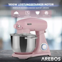 AREBOS Retro Küchenmaschine 1800W, Knetmaschine Mit 6L Edelstahl-Rührschüssel, Geräuscharm, 6 Geschwindigkeiten, Rosa -Küchen Profi 0d5be64f218584d955bea812a6e12a37