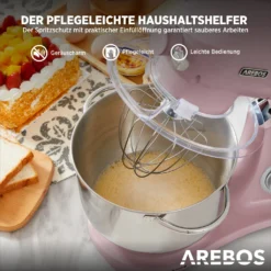 AREBOS Retro Küchenmaschine 1800W, Knetmaschine Mit 6L Edelstahl-Rührschüssel, Geräuscharm, 6 Geschwindigkeiten, Rosa -Küchen Profi 20eff289881ec01e1fca914cb4209b42