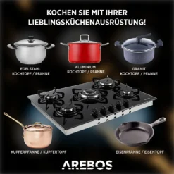 AREBOS Gaskochfeld 5 Flammen, Glaskeramik, Inkl. Topfträger & Zündsicherung, Autark, Geeignet Für Erdgas Oder Propangas, Gasherd, Gaskocher -Küchen Profi 2111526b270e1d5af3316c3ed042a46a