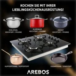 AREBOS Gaskochfeld 4 Flammen, Glaskeramik, Inkl. Topfträger & Zündsicherung, Autark, Geeignet Für Erdgas Oder Propangas, Gasherd -Küchen Profi 2d467e8433ca76edaa8ca710808759aa