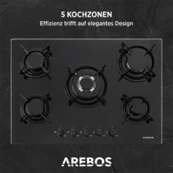 AREBOS Gaskochfeld 5 Flammen, Glaskeramik, Inkl. Topfträger & Zündsicherung, Autark, Geeignet Für Erdgas Oder Propangas, Gasherd, Gaskocher -Küchen Profi 33b0009452529582a548c2566b19de31