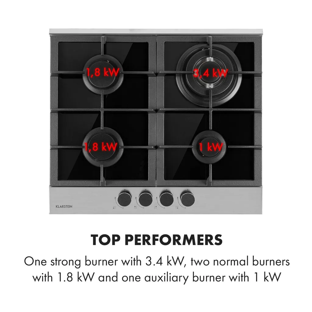 Klarstein Alchemist 4 Zonen Gaskochfeld , 4-flammig , Autark , 58,3 Cm , Einbau , Aluminium-Brenner , Stark-Brenner , Erdgas/Butangas , Edelstahl , Automatische Abschaltung , Topfträger Aus Gusseisen , Glaskeramik , Inkl. Schlauch Und Druckminderer , Schwarz 8 Klarstein Alchemist 4 Zonen Gaskochfeld , 4-flammig , Autark , 58,3 Cm , Einbau , Aluminium-Brenner , Stark-Brenner , Erdgas/Butangas , Edelstahl , Automatische Abschaltung , Topfträger Aus Gusseisen , Glaskeramik , Inkl. Schlauch Und Druckminderer , Schwarz – Bild 6