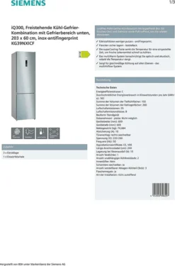 Siemens KG39NXICF IQ300 Kühl-Gefrier-Kombination, 203 X 60 Cm, 260 L Kühlen + 103 L Gefrieren, HyperFresh Längere Frische, NoFrost Nie Wieder Abtauen, AntiFingerprint Schutz Vor Fingerabdrücken 23 Siemens KG39NXICF IQ300 Kühl-Gefrier-Kombination, 203 X 60 Cm, 260 L Kühlen + 103 L Gefrieren, HyperFresh Längere Frische, NoFrost Nie Wieder Abtauen, AntiFingerprint Schutz Vor Fingerabdrücken -Küchen Profi 397995303f3ab1feaa4af00024592b34