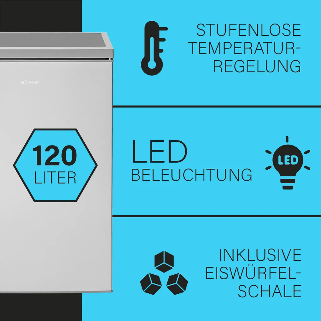 Bomann® Kühlschrank Mit Gefrierfach, Getränkekühlschrank Mit 120L Nutzinhalt Und 2 Glasablagen, Türanschlag Wechselbar, Kleiner Kühlschrank Mit Stufenloser Temperaturregelung - KS 2194.1 Inox 4 Bomann® Kühlschrank Mit Gefrierfach, Getränkekühlschrank Mit 120L Nutzinhalt Und 2 Glasablagen, Türanschlag Wechselbar, Kleiner Kühlschrank Mit Stufenloser Temperaturregelung - KS 2194.1 Inox – Bild 2