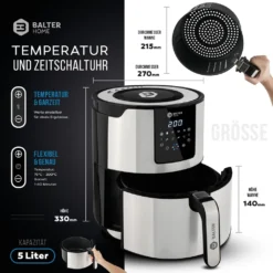 BALTER Heißluftfritteuse Heissluft Friteuse Heißluft Fritteuse Edelstahl 5 Liter XXL -Küchen Profi 4e15bf22cd77b41a667873161bef3387