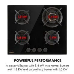 Klarstein Goldflame 4 Gaskochfeld , 4-flammig , Autark , 60 Cm , Einbau , Messing-Brenner , Erdgas/Propangas , Sicherheitsventile , Automatische Abschaltung , Topfträger Aus Gusseisen , Inkl.Schlauch Und Druckminderer , Glaskeramik Ø 8 Mm , Schwarz -Küchen Profi 5350df92486721bb5be9ac80635ed36f
