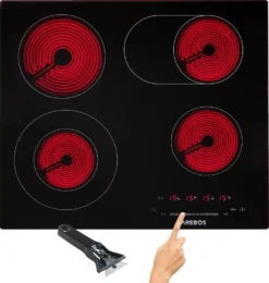 AREBOS Glaskeramikkochfeld, 7200 W, 4 Kochfelder, 59 Cm, Autark, Inkl. Dual-Kochzone Und Bräterzone, Mit Sensor Touch