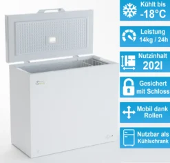 TroniTechnik Gefriertruhe Kühltruhe Kühlfach 210L Abschließbar Mit Korb Und Schloss