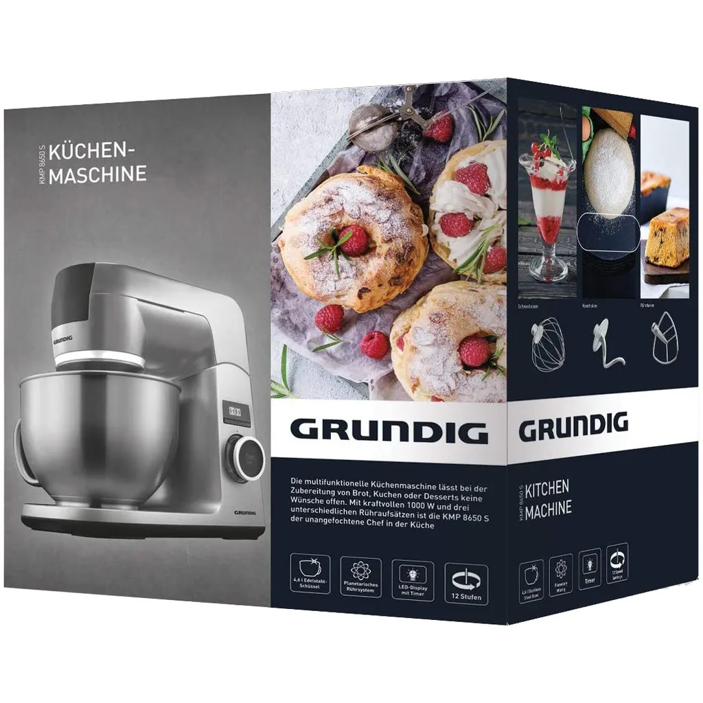 Grundig KMP 8650 S Küchenmaschine Mit 4,6 L Edelstahl Rührschüssel, Planetarisches Rührwerk, LED-Display Mit Timer, 12 Stufen, 1000 Watt, Silber 9 Grundig KMP 8650 S Küchenmaschine Mit 4,6 L Edelstahl Rührschüssel, Planetarisches Rührwerk, LED-Display Mit Timer, 12 Stufen, 1000 Watt, Silber – Bild 7