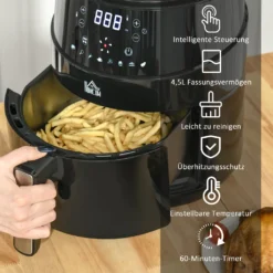 HOMCOM Heißluftfritteuse 4,5 L 1500W Mit 8 Menüs LED-Display Antihaftbeschichteter Fritterkorb Für Gesundes ölfreies Fettarmes Kochen Schwarz 28 X 35,1 X 33 Cm -Küchen Profi 6765fda9cd0ca5601c95866e1bba673d