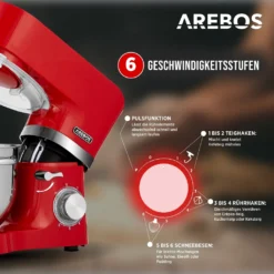 AREBOS 6-in-1 Küchenmaschine 1500W, Fleischwolf, Blender, Nudelmaschine, Knetmaschine Mit Edelstahl-Schüssel 5,5 L, Rot -Küchen Profi 6a41341f54fe3a26d7ea1343c455ff90