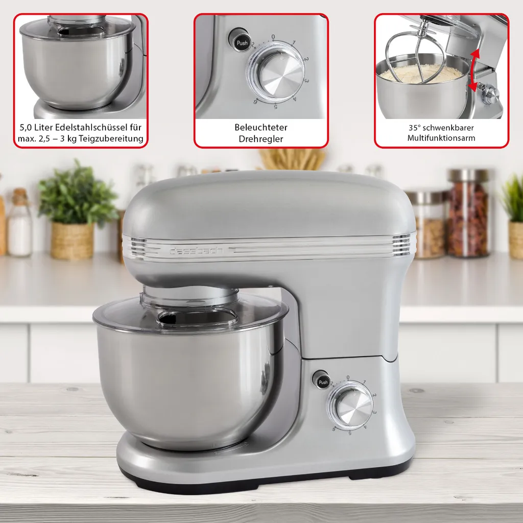 Classbach® Küchenmaschine Knetmaschine Set Mit Küchenwaage Digital, 1200 Watt Motor Mit 6 Geschwindigkeiten, Leise Rührmaschine 5 Liter Schüssel Inkl. 3 Aufsätze Und Spritzschutz, C-KM 4004 W 5 Classbach® Küchenmaschine Knetmaschine Set Mit Küchenwaage Digital, 1200 Watt Motor Mit 6 Geschwindigkeiten, Leise Rührmaschine 5 Liter Schüssel Inkl. 3 Aufsätze Und Spritzschutz, C-KM 4004 W – Bild 3