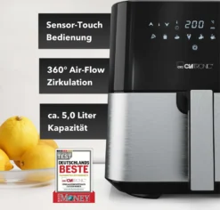 Clatronic® Heißluftfritteuse XXL - 5L Fritteuse Heißluft Für Fettfreies Frittieren, Edelstahl-Airfryer Mit Digitalem Touchscreen, 360° Air-Flow, Heißluft-Friteuse Mit 8 Programmen, 1450W - FR 3782 H -Küchen Profi 705dcacf905f88a81bc2f8a07fade589