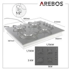 AREBOS Gaskochfeld 4 Flammen, Glaskeramik, Inkl. Topfträger & Zündsicherung, Autark, Geeignet Für Erdgas Oder Propangas, Gasherd -Küchen Profi 7230546dcfaaeec6345732cdc1188178