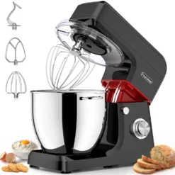 Homlee Küchenmaschine Knetmaschine 1800W,Teigmaschine Mit 6.5L Edelstahlschüssel,6 Geschwindigkeit Reduzierte Geräusche, Multifunktion Knetmaschine Mit Rührbesen,Rührhaken, Knethaken, Spritzschutz(Schwarz)