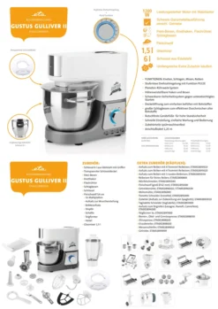Küchenmaschine GUSTUS GULIVER II ETA112890010, 1200 W, PULSE Funktion, Ganzmetallausführung, Kneten, Schlagen, Mixen, Faschieren, Fleischwolf, Füllen Von Würsten -Küchen Profi 77e42fde6548a1063c06a2c78c4fb717