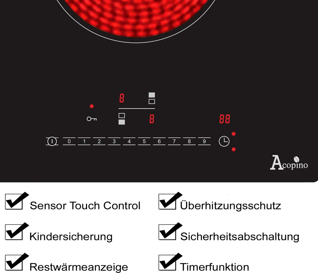 Acopino Glaskeramik Kochfeld Autark Einbaukochfeld KM2 Mit Sensor Touch Control, Zwei Kochzonen 9 Acopino Glaskeramik Kochfeld Autark Einbaukochfeld KM2 Mit Sensor Touch Control, Zwei Kochzonen – Bild 7