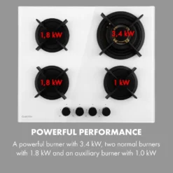 Klarstein Goldflame 4 Gaskochfeld , 4-flammig , Autark , 60 Cm , Einbau , Messing-Brenner , Erdgas/Propangas , Sicherheitsventile , Automatische Abschaltung , Topfträger Aus Gusseisen , Inkl. Schlauch Und Druckminderer , Glaskeramik Ø 8 Mm , Weiß -Küchen Profi 7b7b41f3eac6211606685d53b8b63507