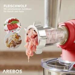 AREBOS 6-in-1 Küchenmaschine 1500W, Fleischwolf, Blender, Nudelmaschine, Knetmaschine Mit Edelstahl-Schüssel 5,5 L, Rot -Küchen Profi 7be88b0d46cbe01af66c68d12a3dc4b5