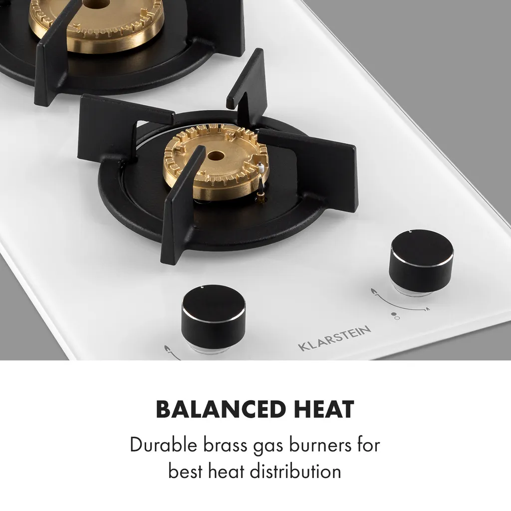 Klarstein Goldflame Domino Gaskochfeld , 2-flammig , Autark , 30 Cm , Einbau , Messing-Brenner , Erdgas/Propangas , Sicherheitsventile , Automatische Abschaltung , Topfträger Aus Gusseisen , Inkl. Schlauch Und Druckminderer , Glaskeramik Ø 8 Mm , Weiß 5 Klarstein Goldflame Domino Gaskochfeld , 2-flammig , Autark , 30 Cm , Einbau , Messing-Brenner , Erdgas/Propangas , Sicherheitsventile , Automatische Abschaltung , Topfträger Aus Gusseisen , Inkl. Schlauch Und Druckminderer , Glaskeramik Ø 8 Mm , Weiß – Bild 3