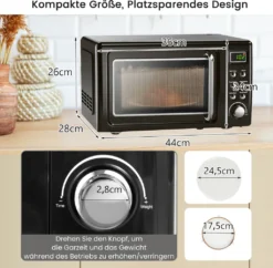 COSTWAY Mikrowelle 20L, 700 W Mikrowellenofen, Mit 8 Automatischen Programme, 5 Leistungsstufen, LED-Anzeige, Verzögerter Start, Retro, Schwarz -Küchen Profi 80285c0217a41ae977698dfdbb5f5d17