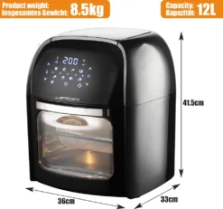 Jago® XXXL 8in1 Heißluftfritteuse 12L + 10 Zubehör - 1800W, LED Display Mit Touch Screen, 8 Programme / Timer, Ohne ÖL - Airfryer, Heißluft, Fritteuse, Heißluftofen, Backofen, Dehydrator, Grill -Küchen Profi 8048aa4aa5afe20ad42dee845c74fcaa