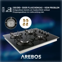 AREBOS Gaskochfeld 4 Flammen, Glaskeramik, Inkl. Topfträger & Zündsicherung, Autark, Geeignet Für Erdgas Oder Propangas, Gasherd -Küchen Profi 831f5942b201e1bf080cd4770182771f