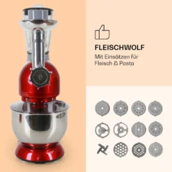 Klarstein Lucia Rossa Küchenmaschine Mixer (1200 Watt, 5 Liter Rührschüssel, Fleischwolf, Saftpresse ) - Rot -Küchen Profi 8987037b53abd3c2a8b83e4b0a4516d8