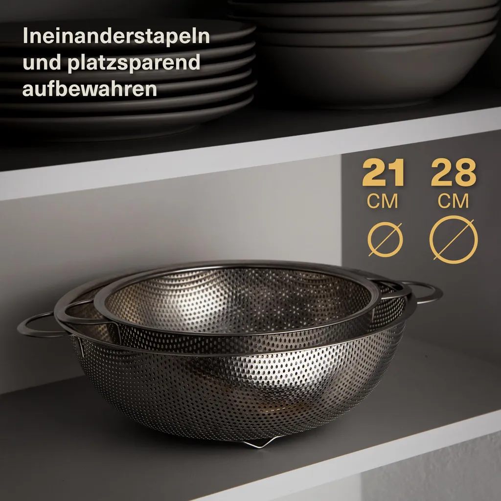 2 Nudelsiebe Aus Edelstahl Mit Mikroperforation - Groß & Klein - Spülmaschinenfest - Standfest - Für Pasta, Obst, Gemüse 9 2 Nudelsiebe Aus Edelstahl Mit Mikroperforation - Groß & Klein - Spülmaschinenfest - Standfest - Für Pasta, Obst, Gemüse – Bild 7