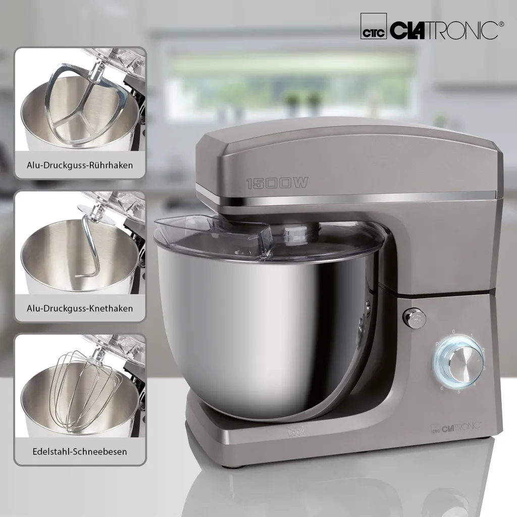 Clatronic KM 3765 Knetmaschine, 1500W, 8 Geschwindigkeitsstufen, 10 Liter- Edelstahlschüssel Für Max. 6–6,5 Kg, Spritzschutzdeckel Mit Nachfüllöffnung, Titan 4 Clatronic KM 3765 Knetmaschine, 1500W, 8 Geschwindigkeitsstufen, 10 Liter- Edelstahlschüssel Für Max. 6–6,5 Kg, Spritzschutzdeckel Mit Nachfüllöffnung, Titan – Bild 2