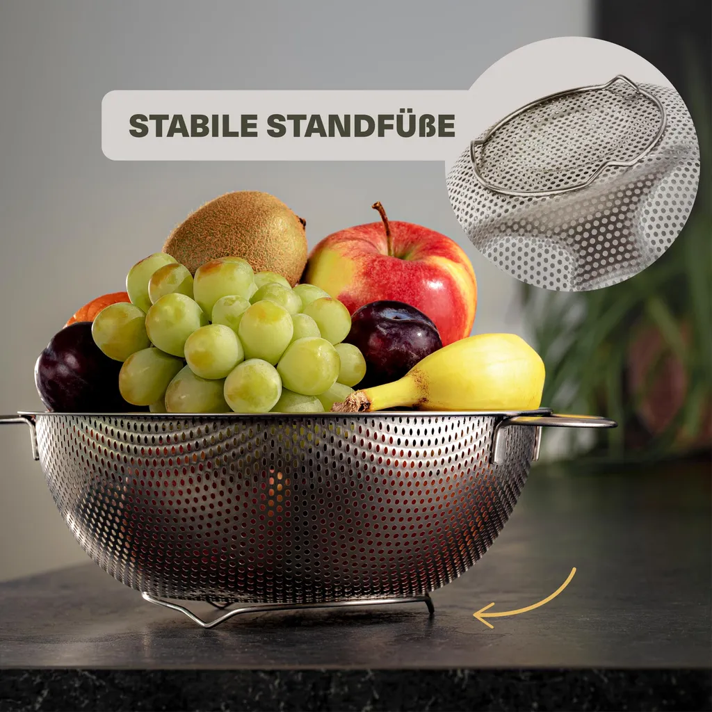 2 Nudelsiebe Aus Edelstahl Mit Mikroperforation - Groß & Klein - Spülmaschinenfest - Standfest - Für Pasta, Obst, Gemüse 6 2 Nudelsiebe Aus Edelstahl Mit Mikroperforation - Groß & Klein - Spülmaschinenfest - Standfest - Für Pasta, Obst, Gemüse – Bild 4