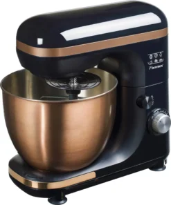Bestron 4-in-1 Küchenmaschine, 7 Geschwindigkeitsstufen, Inkl. Schneebesen, Knethaken Und Rührarm, Mit Spritzschutz & 2,5 Liter Rührschüssel, 1000W, Farbe: Kupfer