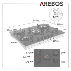 AREBOS Gaskochfeld 5 Flammen, Glaskeramik, Inkl. Topfträger & Zündsicherung, Autark, Geeignet Für Erdgas Oder Propangas, Gasherd, Gaskocher -Küchen Profi a324e127e20fe98606ae549bd90c57aa