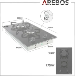 AREBOS Gaskochfeld 2 Flammen, Glaskeramik, Inkl. Topfträger & Zündsicherung, Autark, Geeignet Für Erdgas Oder Propangas, Gasherd -Küchen Profi afdebd30922c37bcb81842c18a82b059
