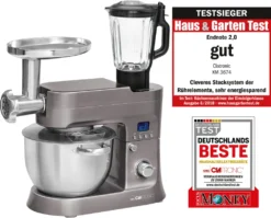 Clatronic KM 3674 Knetmaschine Inkl. Fleischwolf, Glas-Mixaufsatz, Pastafunktion, Digital LCD-Display, 6,2 Liter Edelstahlrührschüssel, 1200 W, Titan -Küchen Profi b367c51e1302163a531a9dd0c5bdac3f