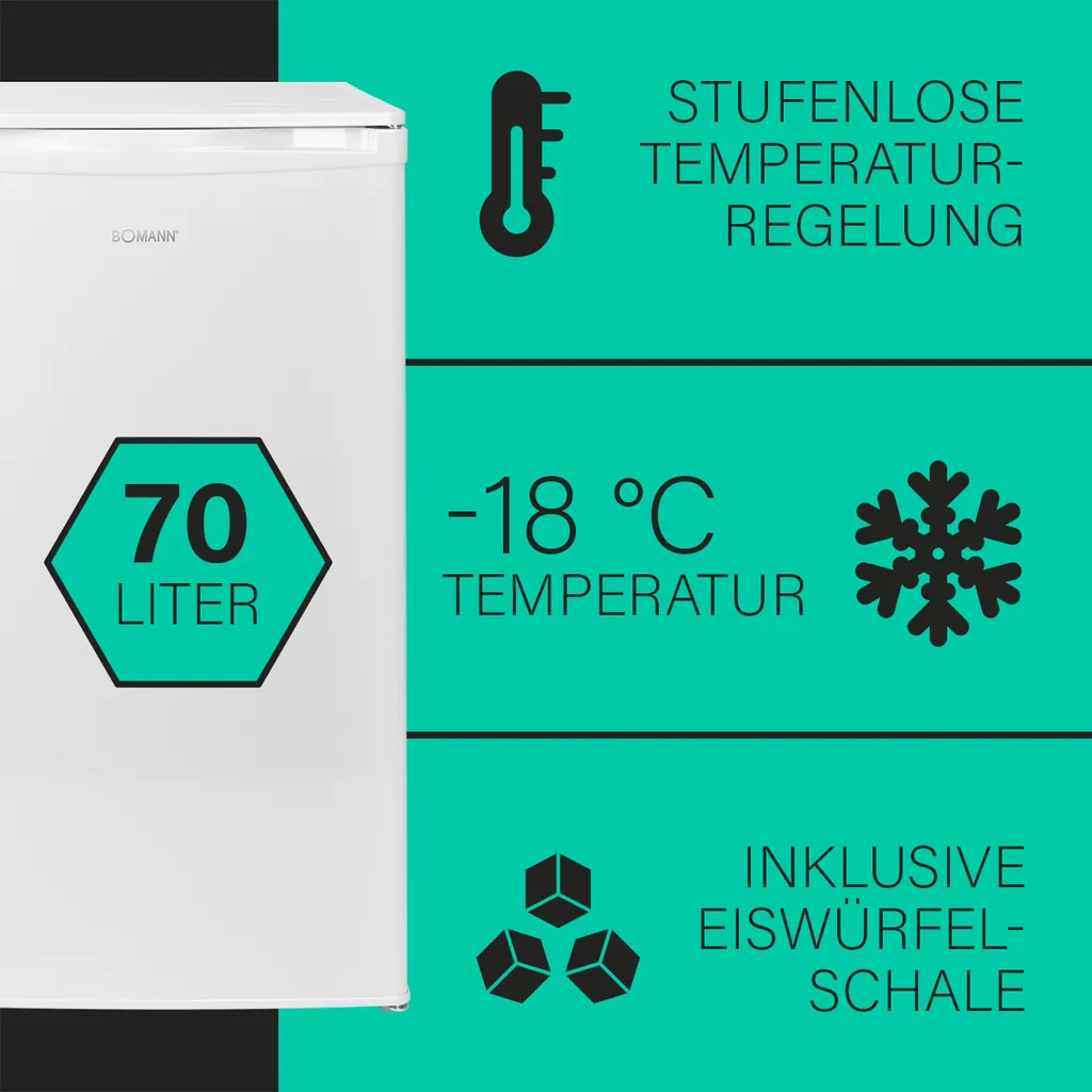 Bomann® Gefrierschrank 70L, Tiefkühlschrank Leise Mit Temperaturbereich Bis -18°C, 2 Schubladen + Gefrierfachklappe, Mit Wechselbarem Türanschlag Inkl. Eiswürfelschale - GS 195.1 4 Bomann® Gefrierschrank 70L, Tiefkühlschrank Leise Mit Temperaturbereich Bis -18°C, 2 Schubladen + Gefrierfachklappe, Mit Wechselbarem Türanschlag Inkl. Eiswürfelschale - GS 195.1 – Bild 2