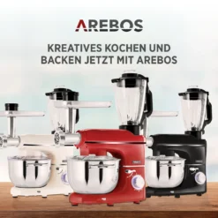 AREBOS 6-in-1 Küchenmaschine 1500W, Fleischwolf, Blender, Nudelmaschine, Knetmaschine Mit Edelstahl-Schüssel 5,5 L, Rot -Küchen Profi bd078edd614769ed1a7600c7fef35c74
