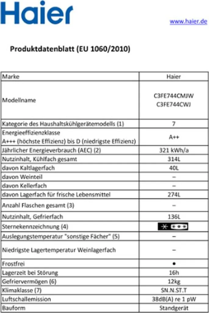 Haier Kühl/Gefrier-Kombi C3FE-744CMJW - Farbe: Silber - Nettoinhalt Kühlen: 274 Liter - Nettoinhalt Gefrieren: 136 Liter - H X B X T Ca. 190 X 70 X 68 Cm 9 Haier Kühl/Gefrier-Kombi C3FE-744CMJW - Farbe: Silber - Nettoinhalt Kühlen: 274 Liter - Nettoinhalt Gefrieren: 136 Liter - H X B X T Ca. 190 X 70 X 68 Cm – Bild 7