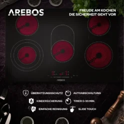 AREBOS Glaskeramikkochfeld, 8500 W, 5 Kochfelder, 77cm, Autark, Inkl. Dual-Kochzone Und Bräterzone, Mit Sensor Touch, Kindersicherung, Überhitzungsschutz, Autoabschaltung -Küchen Profi c77d5febacaba171eb4af0f7e567df62