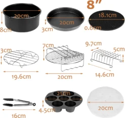 Lospitch Heißluftfritteuse Zubehör 8 Zoll 12tlg. Fritteuse Set Inkl. Brotbackkorb Pizzapfanne Silikonpfanne Grillrost Spieße Kompaktfriteusen -Küchen Profi c7da79c224158b6e66029b45293e727d