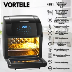 Steinborg 4-in1 Heißluftfritteuse | 12L | 1.500 W | Mit LED Touchscreen | 10 Automatische Programme | Inkl. Rezeptbuch Auf Deutsch | Frittieren, Backen, Grillen Oder Dörren | Aufwärmfunktion | Automatische Abschaltung | -Küchen Profi cf6097eae3d34f18b6221a40412c609b