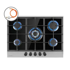 Klarstein Alchemist 5 Zonen Gaskochfeld , 5-flammig , Autark , 68 Cm , Einbau , Aluminium-Brenner , Stark-Brenner , Erdgas/Butangas , Edelstahl , Automatische Abschaltung , Topfträger Aus Gusseisen , Glaskeramik , Inkl. Schlauch Und Druckminderer , Schwarz
