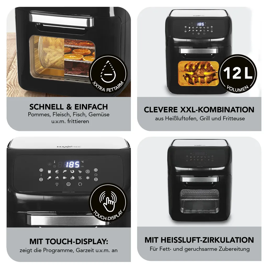 MAXXMEE Heißluft-Fritteuse Digital - 12 L Fassungsvermögen - Schwarz Heißluft Fritteuse Friteuse Fritöse Airfryer 12L XXL Backofen Drehgrill Digital 5 MAXXMEE Heißluft-Fritteuse Digital - 12 L Fassungsvermögen - Schwarz Heißluft Fritteuse Friteuse Fritöse Airfryer 12L XXL Backofen Drehgrill Digital – Bild 3