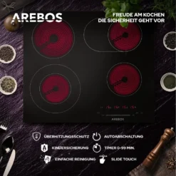 AREBOS Glaskeramikkochfeld, 7200 W, 4 Kochfelder, 59 Cm, Autark, Inkl. Dual-Kochzone Und Bräterzone, Mit Sensor Touch -Küchen Profi e4019621233368baf4103d519ca837ea
